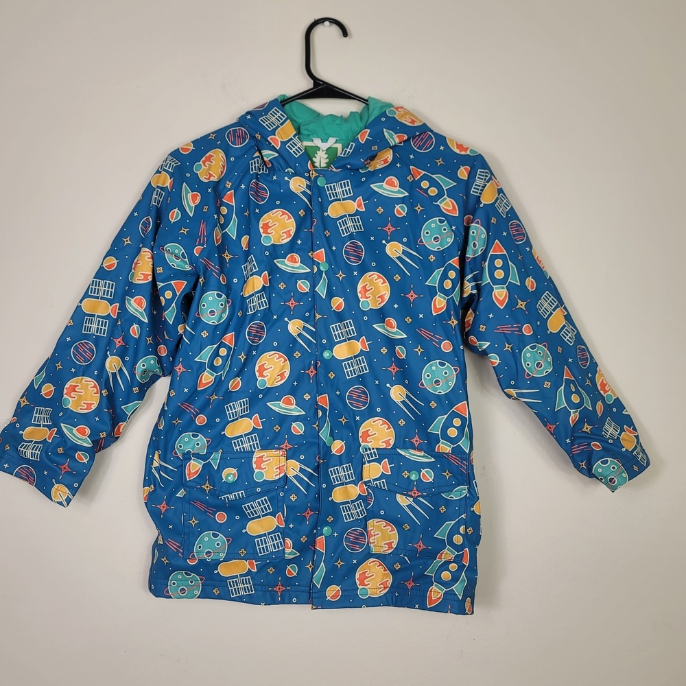 Oakiwear Kids Space Rain Jacket Blue Rocket Ship Planets Hooded Size 8 Big Kid